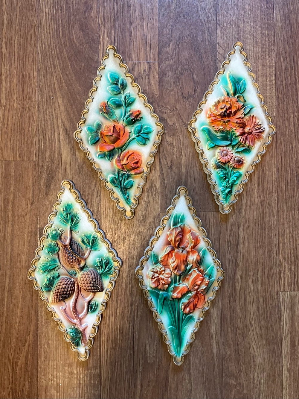 Vintage Mid Century Wall Plaques Floral Cottage Earthy Tones MCM Orange Set of 4